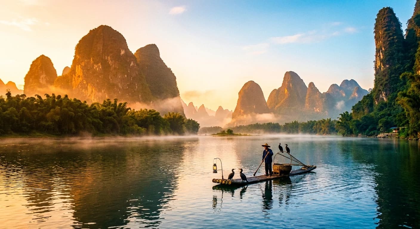Li River karst mountains with bamboo raft at sunrise