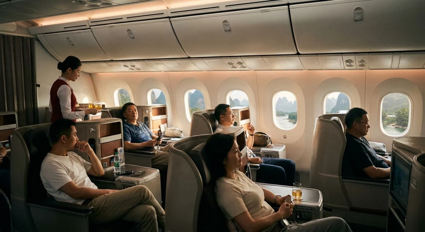 Business class cabin on a long-haul flight to Guilin