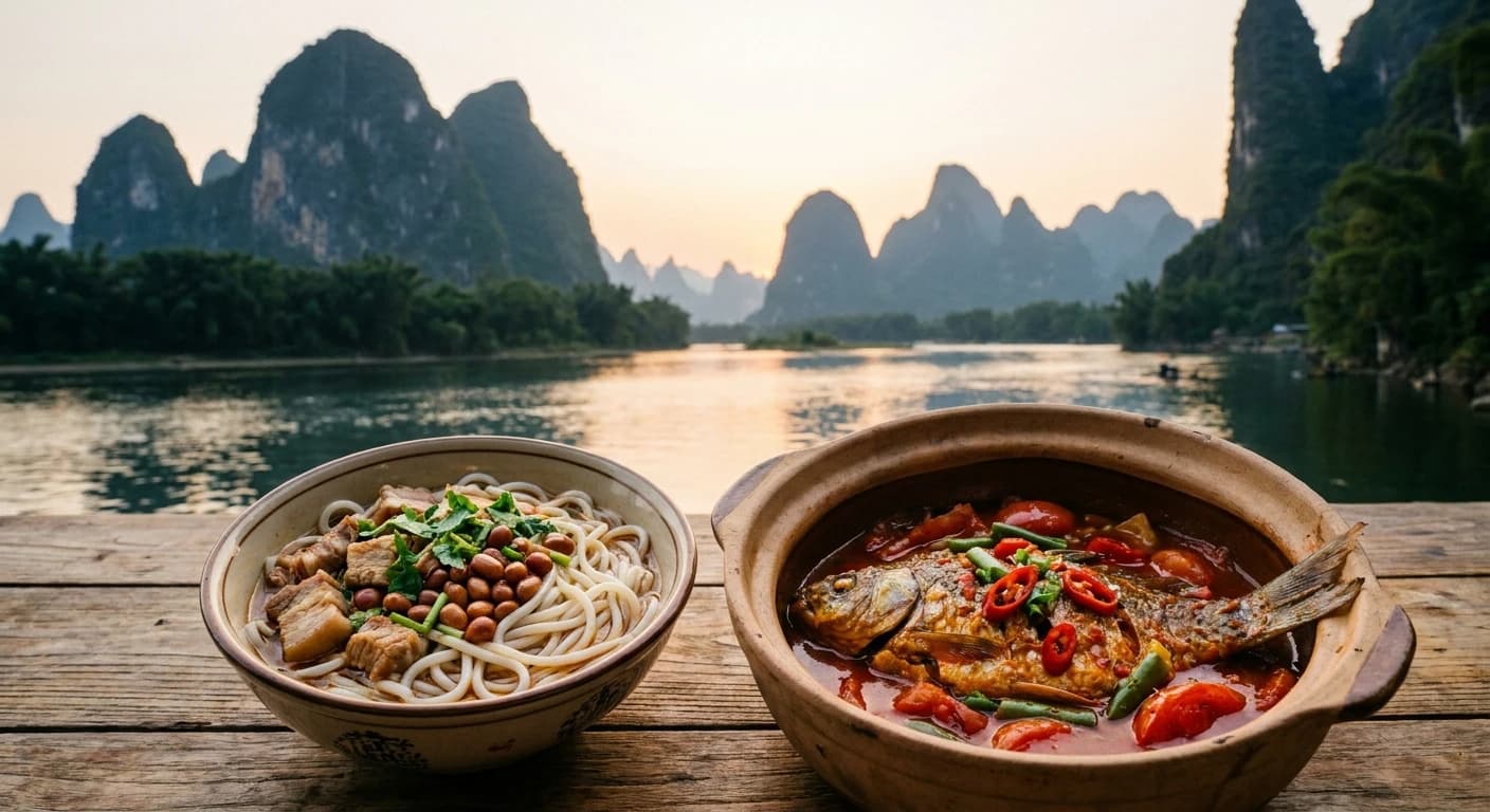 Traditional Guilin rice noodles and Yangshuo beer fish