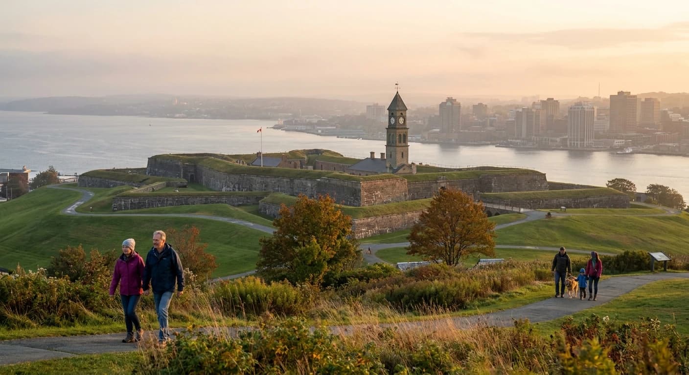 Halifax waterfront boardwalk with historic harbor and Citadel Hill in the background