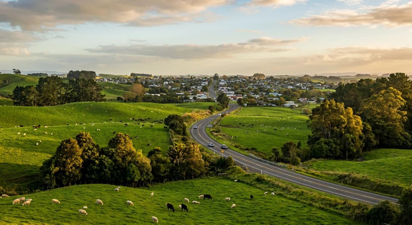 Scenic Waikato countryside approaching Hamilton