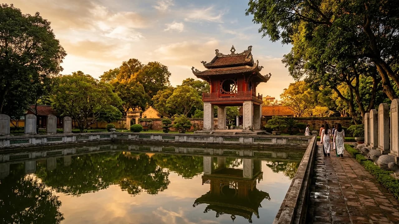Iconic landmark in Hanoi, Vietnam at golden hour