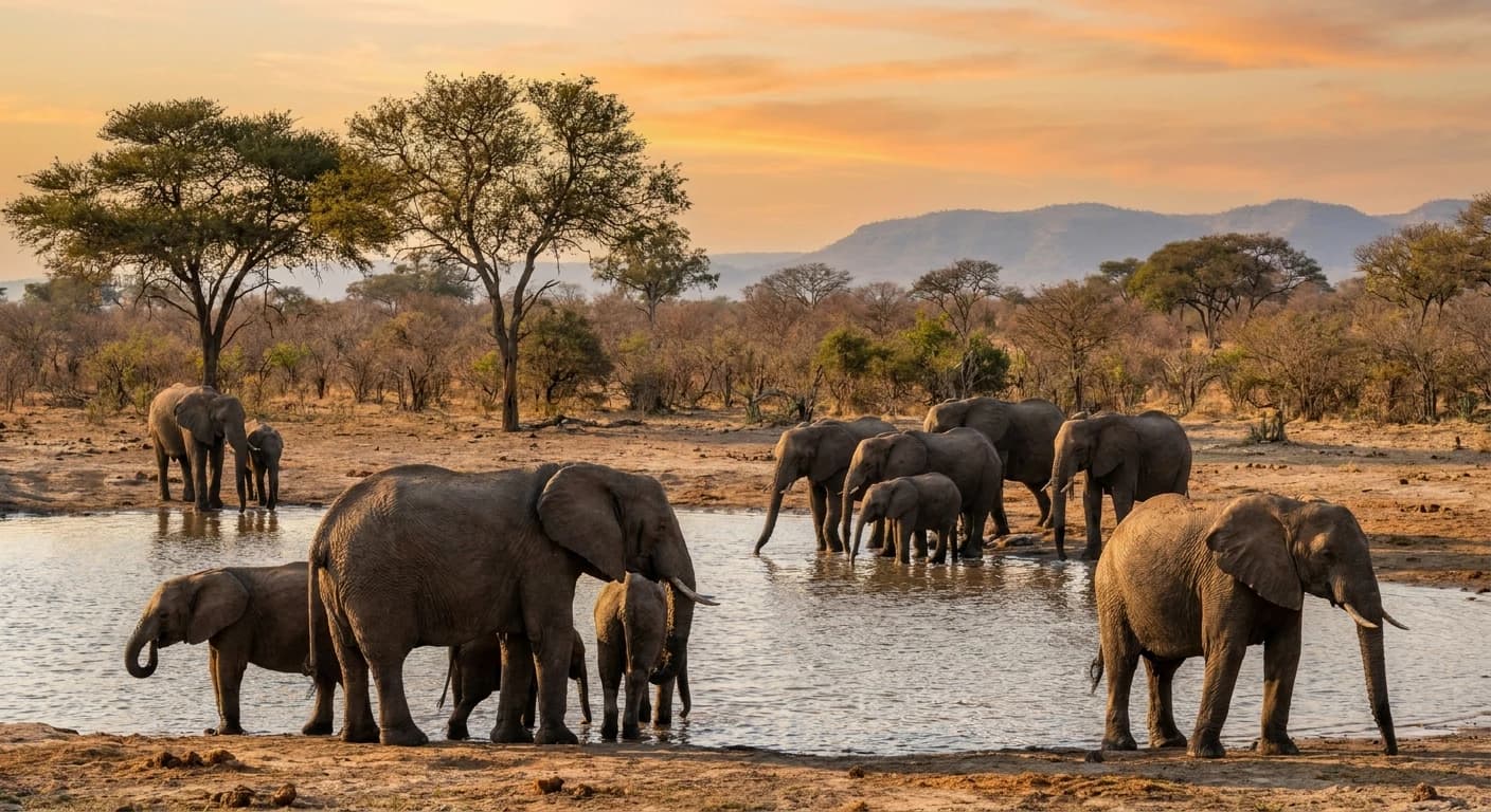 Elephants at a waterhole in Zimbabwe's iconic bush landscape