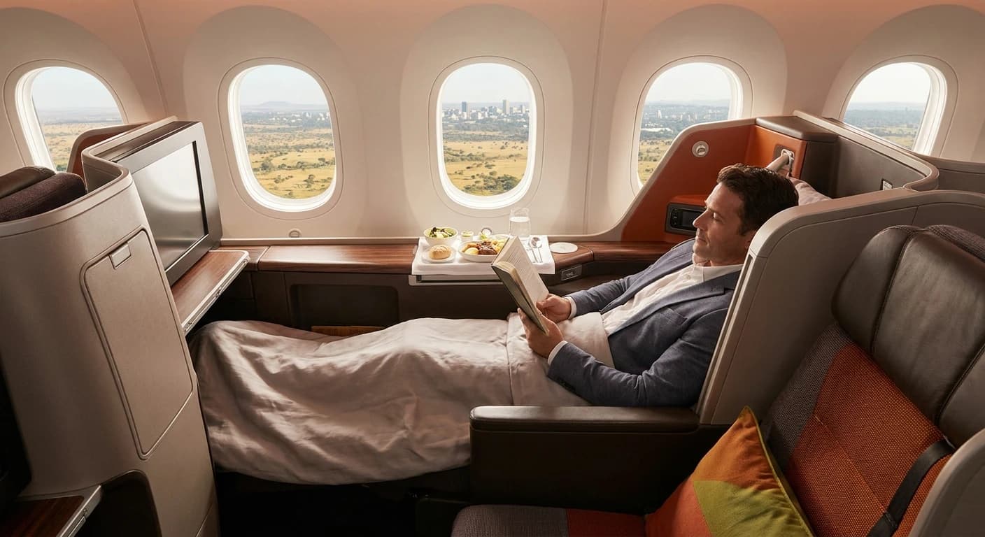 Business class lie-flat suite on a flight to Harare, Zimbabwe