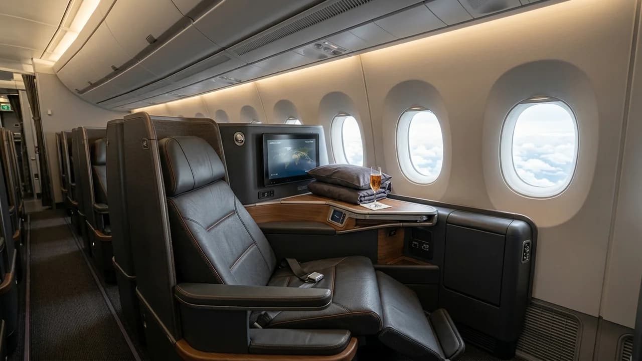 Aegean Airlines business class cabin with lie-flat suite and premium amenities