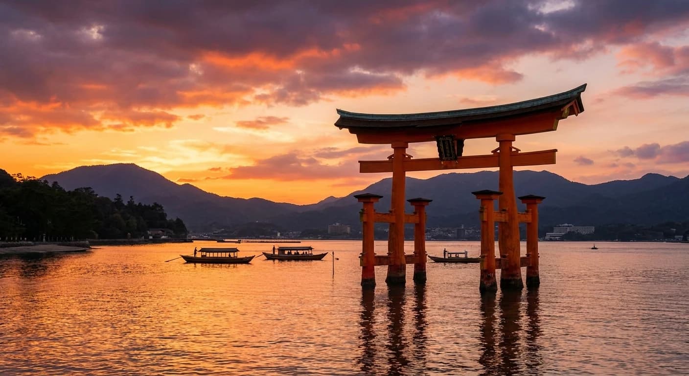 Miyajima Island floating torii gate at sunset
