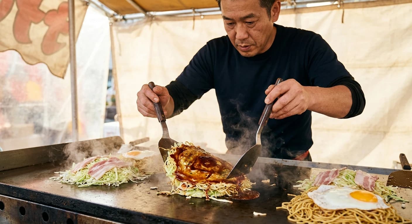 Hiroshima-style okonomiyaki being prepared on a griddle