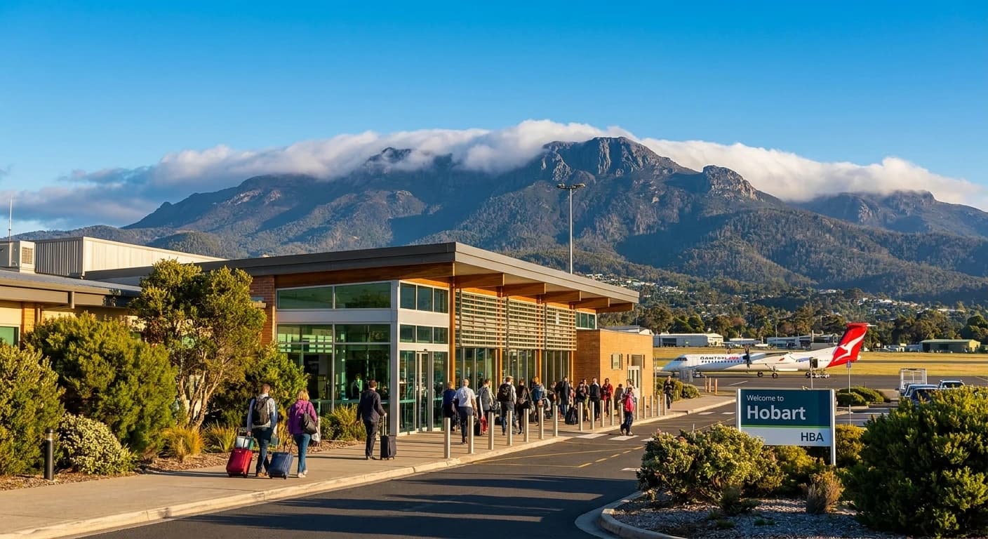 Hobart Airport terminal with Tasmanian mountain backdrop
