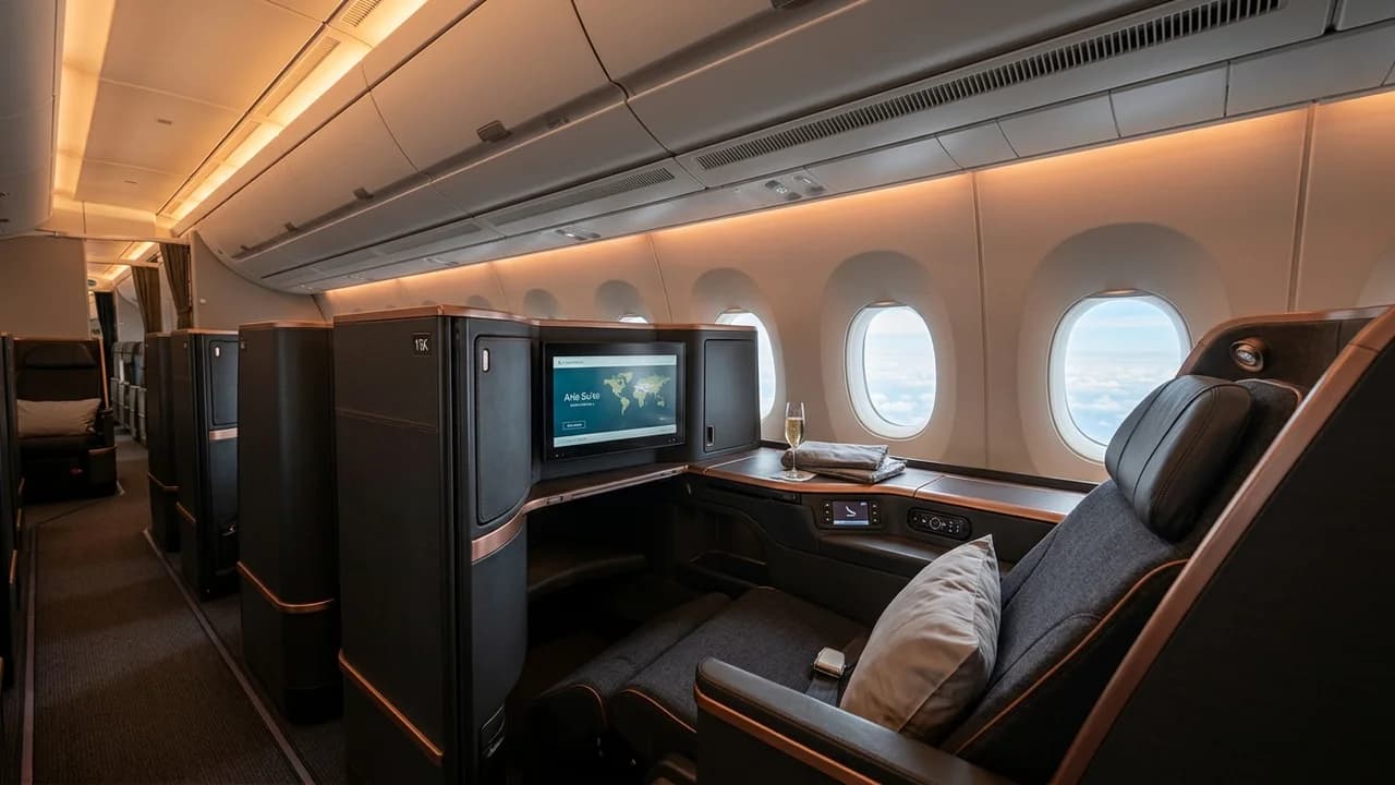 Cathay Pacific business class cabin with lie-flat suite and premium amenities