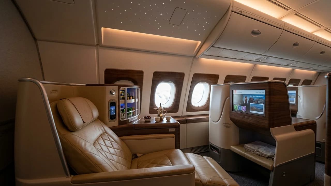 Emirates business class cabin with lie-flat suite and premium amenities