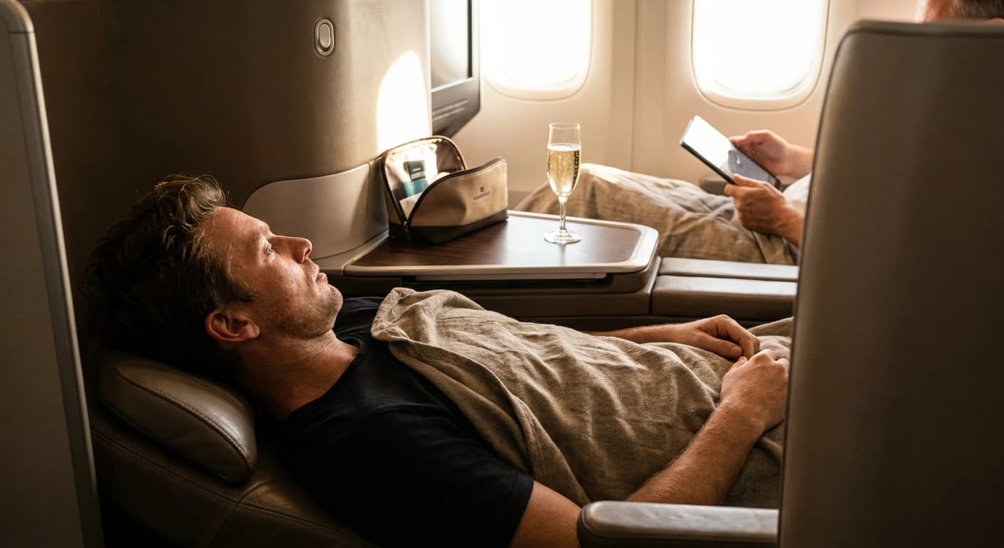Iberia Business Plus lie-flat cabin with premium amenities and Spanish-inspired dining
