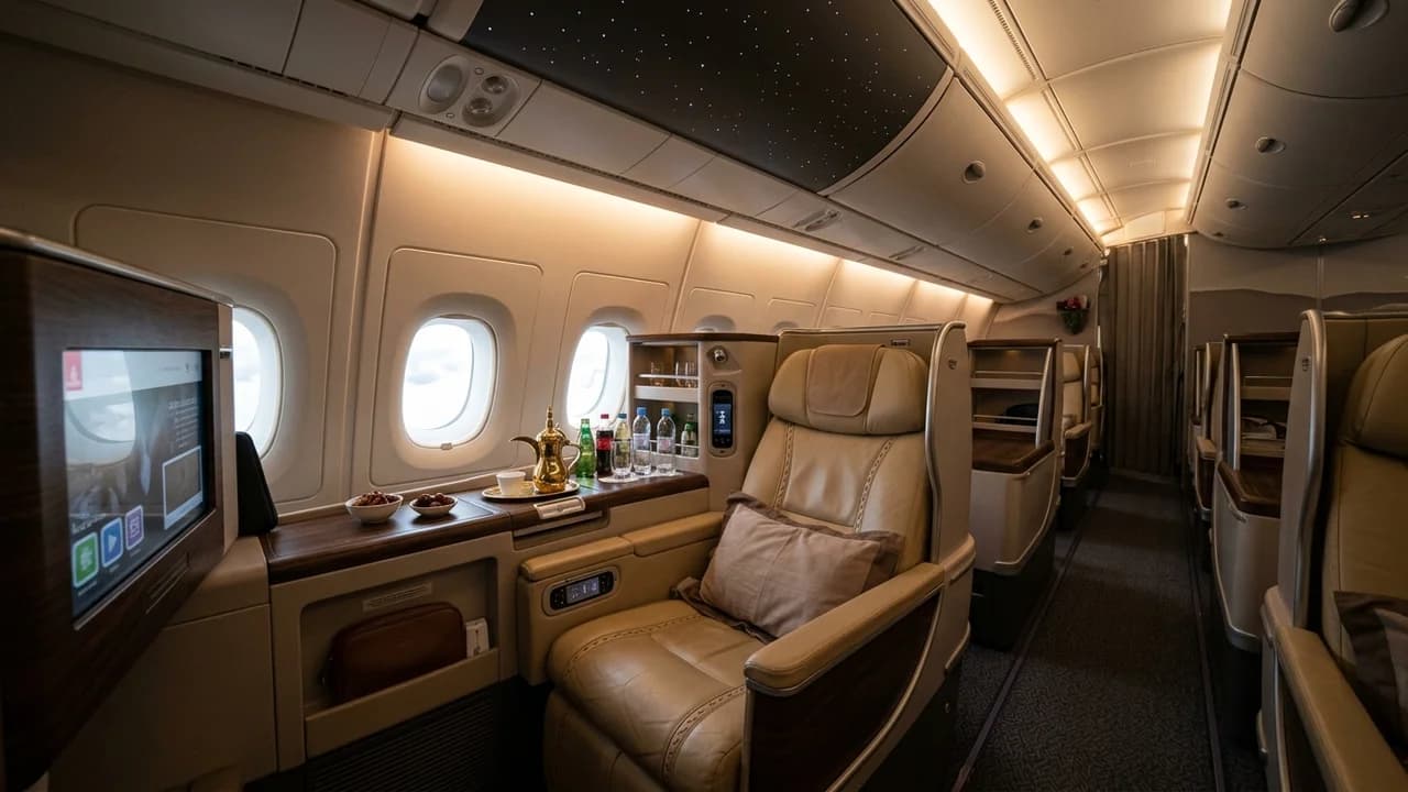 Emirates business class cabin with lie-flat suite and premium amenities