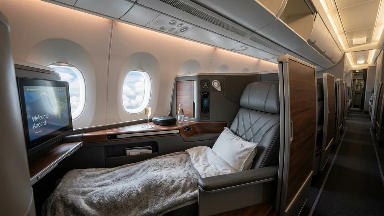 Garuda Indonesia business class cabin with lie-flat suite and premium amenities
