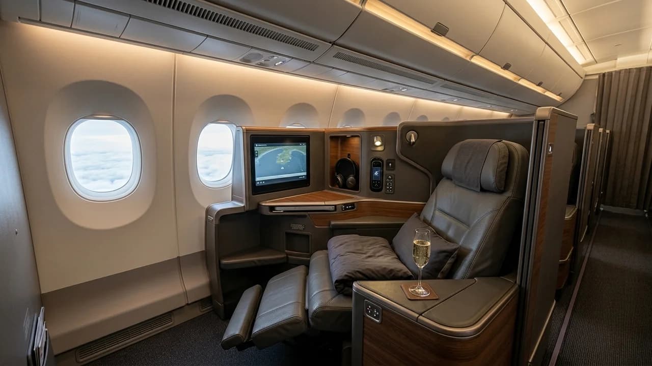 Saudia business class cabin with lie-flat suite and premium amenities