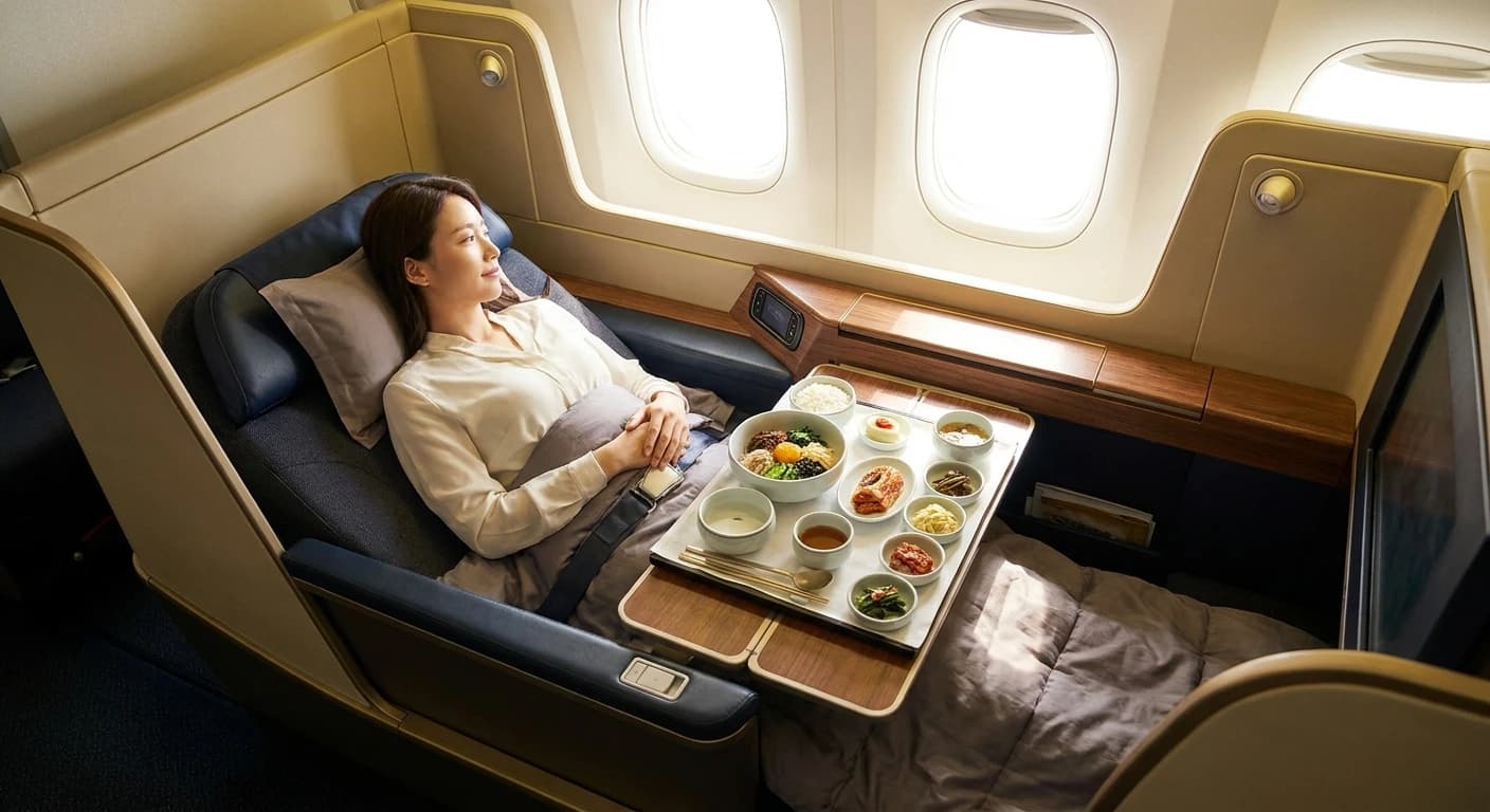 Korean Air Prestige Class business suite with lie-flat seat and premium Korean dining