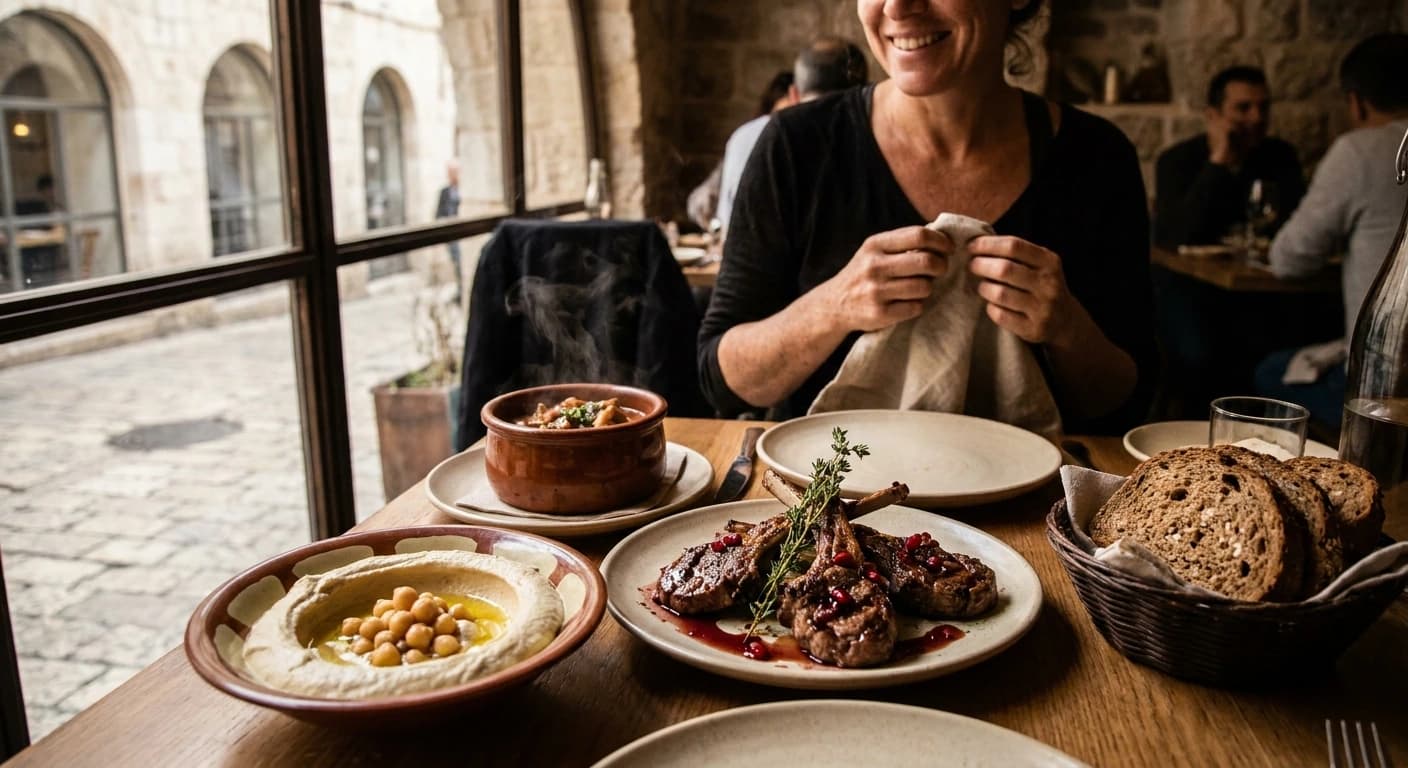 Vibrant spread of Israeli and Middle Eastern cuisine at Jerusalem's Mahane Yehuda Market
