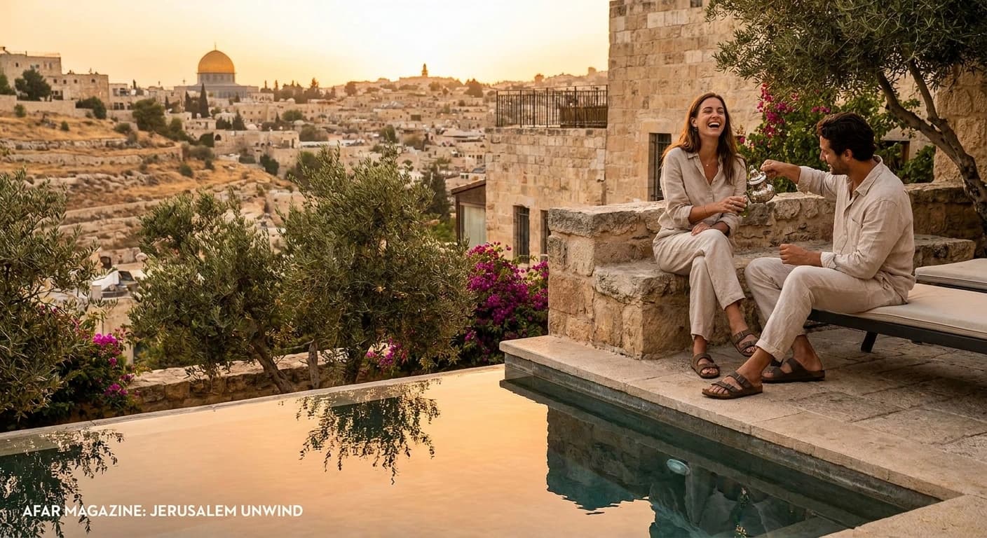 Elegant rooftop terrace of a luxury Jerusalem hotel overlooking the illuminated Old City walls