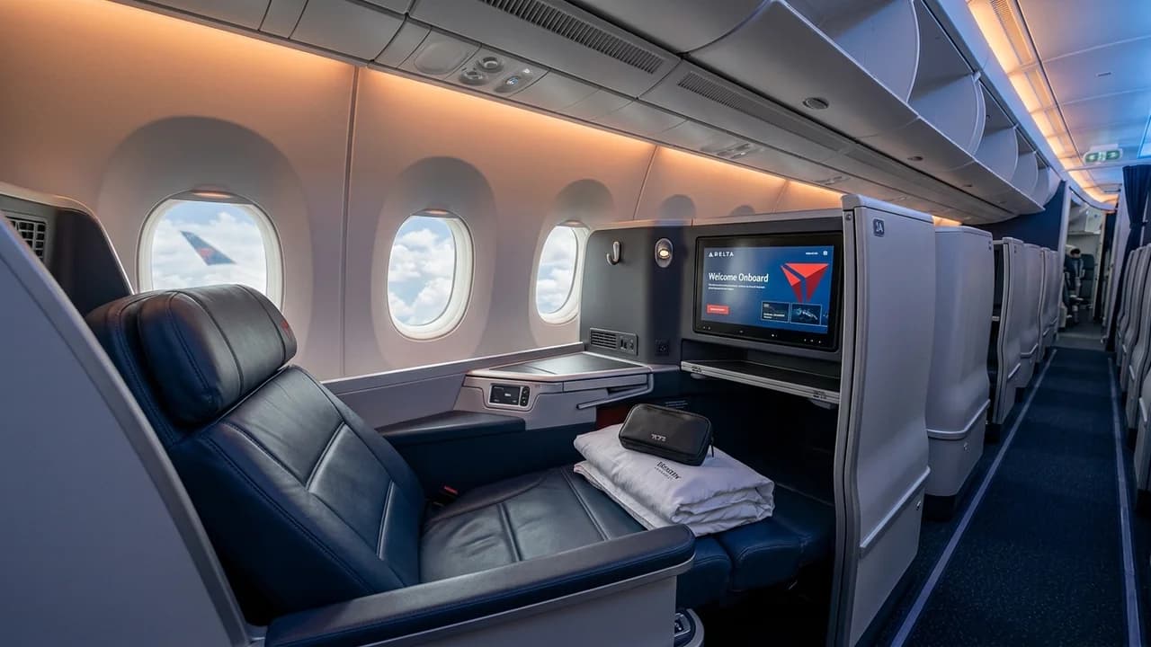 Delta business class cabin with lie-flat suite and premium amenities