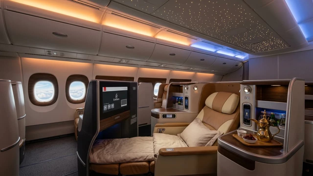 Emirates business class cabin with lie-flat suite and premium amenities