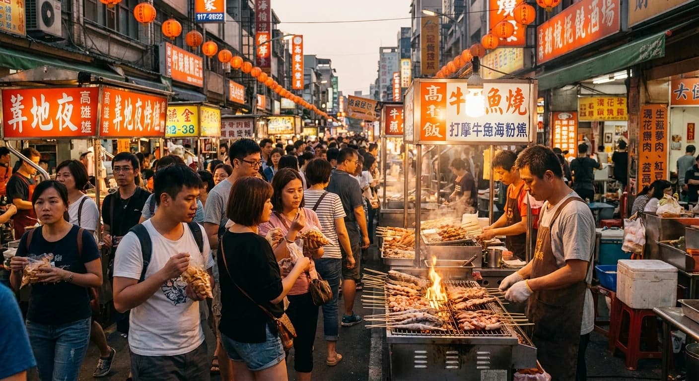 Vibrant Liuhe Night Market in Kaohsiung with street food vendors and crowds