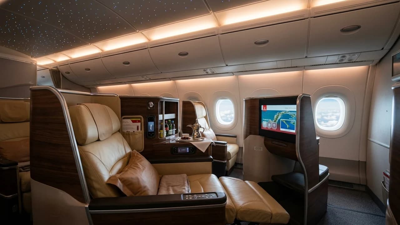 Emirates business class cabin with lie-flat suite and premium amenities