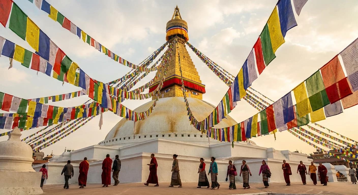 Boudhanath stupa's all-seeing eyes under prayer flags in Kathmandu