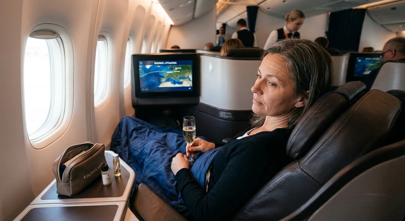 Lufthansa business class lie-flat cabin with premium amenities on transatlantic route