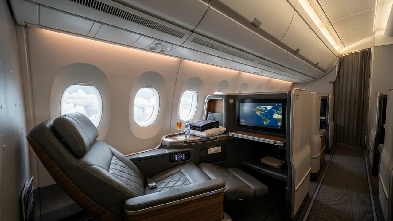 Lie-flat business class cabin on a flight to Kigali