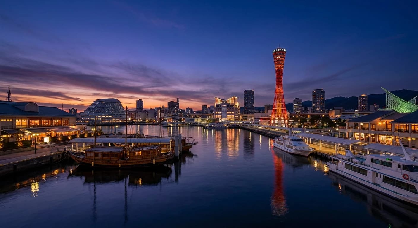 Kobe Port Tower and waterfront at twilight