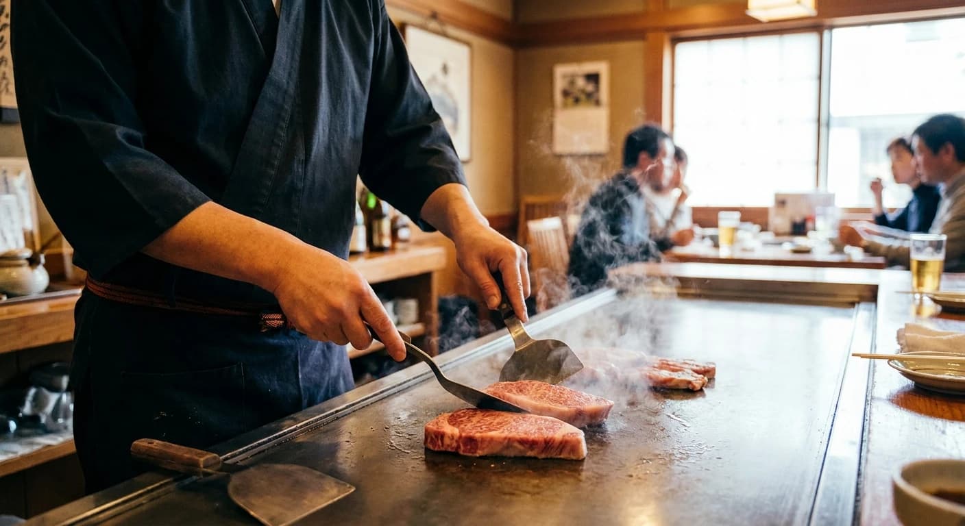 Kobe beef being prepared teppanyaki-style