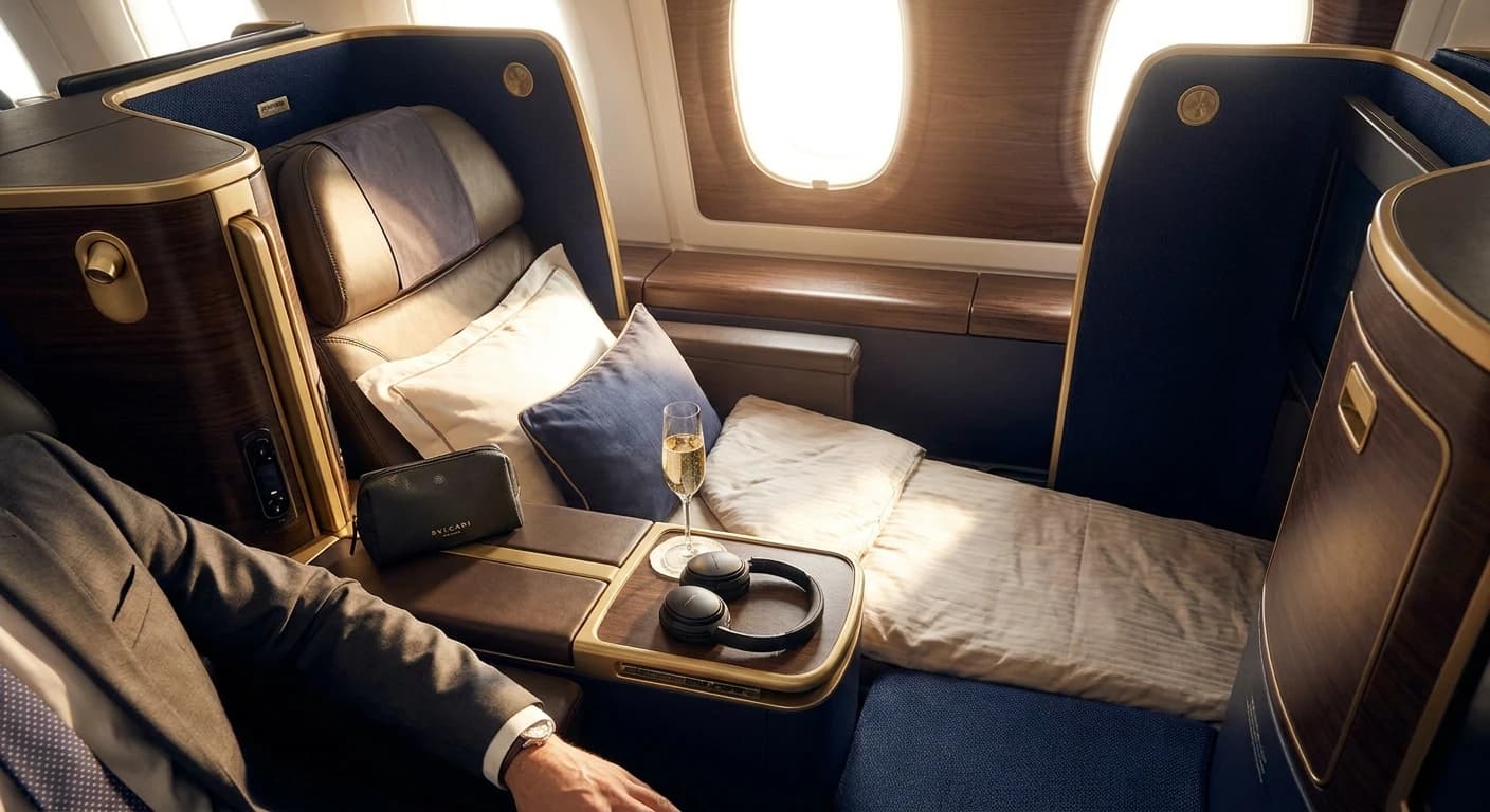 Gulf carrier business class suite with lie-flat bed and premium amenities