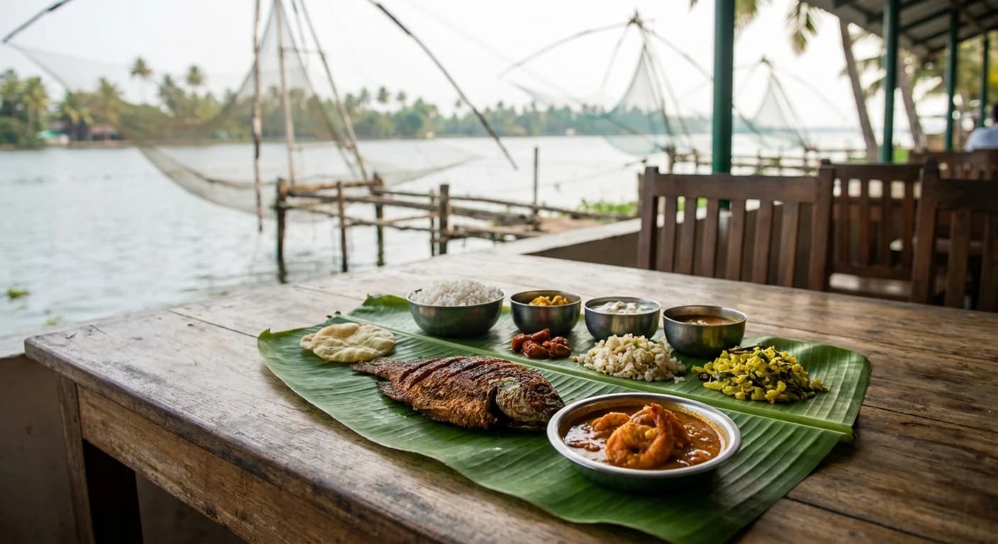 Traditional Kerala seafood thali served on banana leaf in Kochi