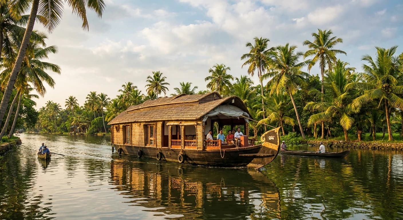 Traditional Kerala houseboat cruising through palm-lined backwaters