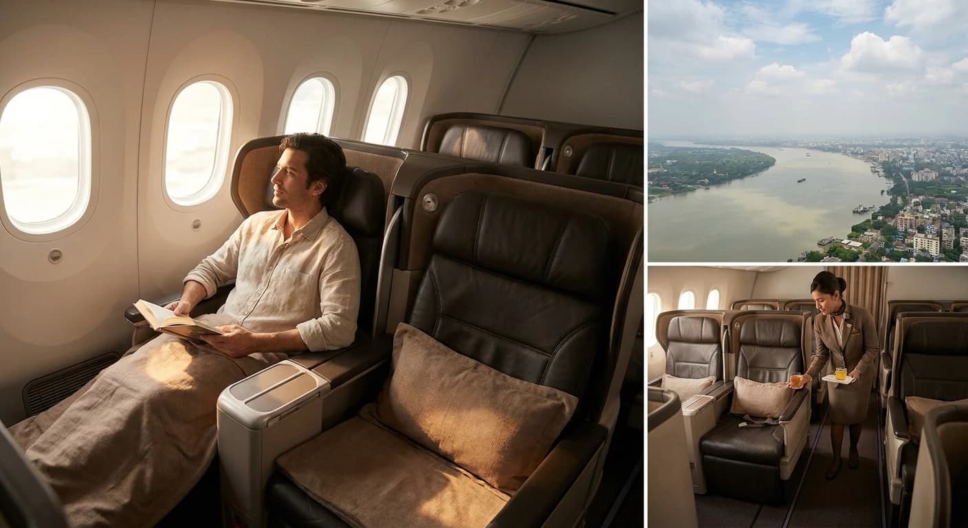 Premium business class cabin with lie-flat suite on a flight to Kolkata