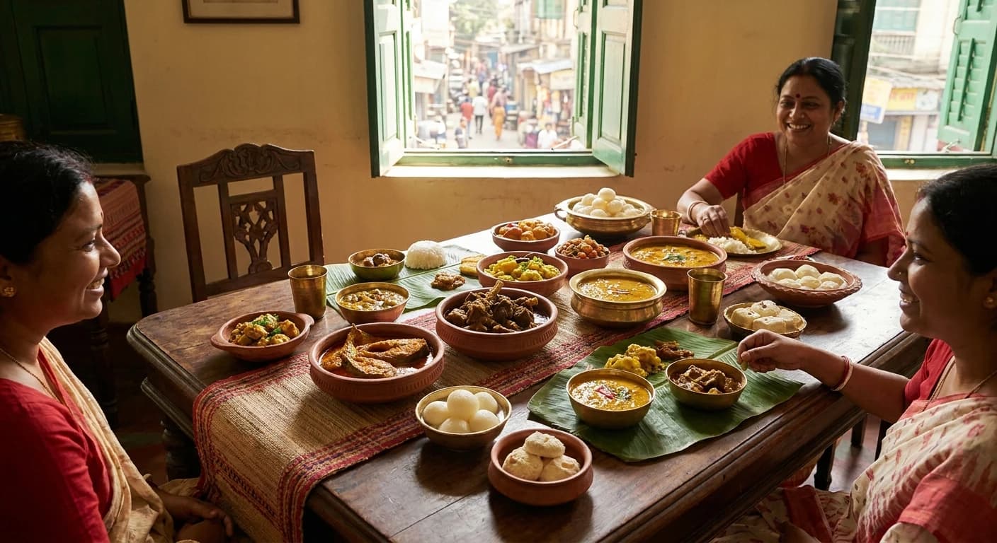 Authentic Bengali cuisine spread in Kolkata