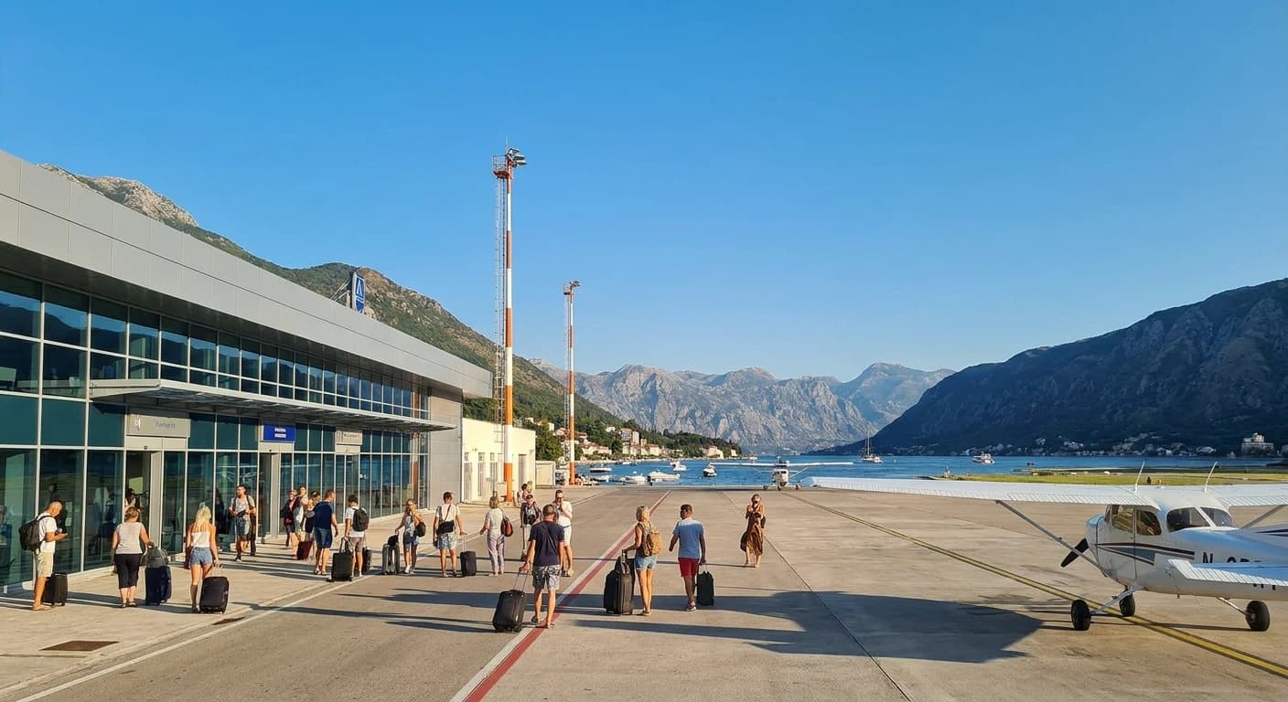 Tivat Airport terminal with Bay of Kotor visible in the background