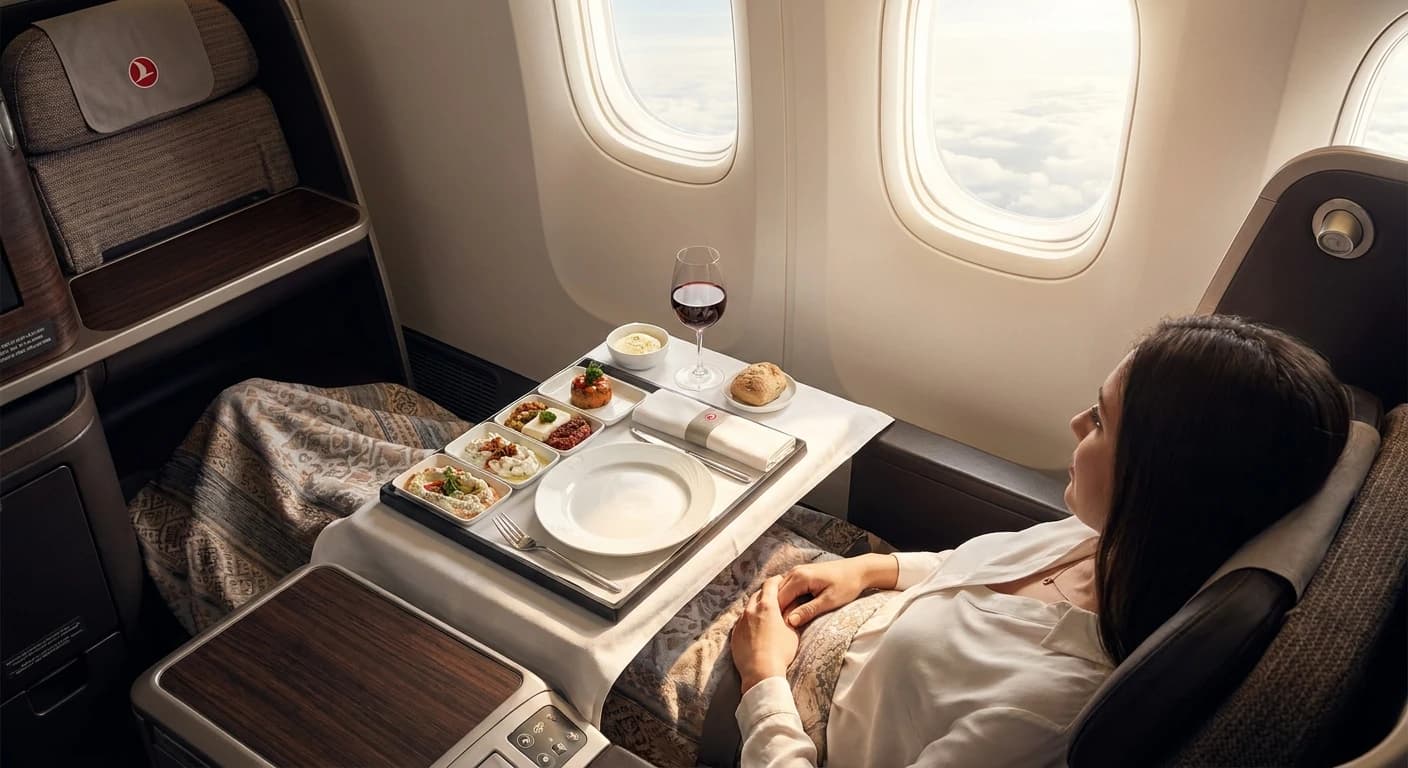 Turkish Airlines business class cabin with lie-flat seat and premium dining service