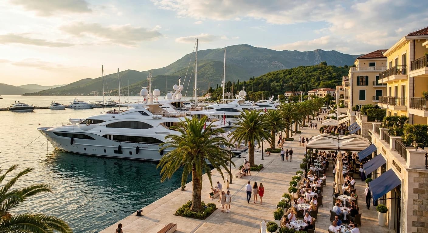 Porto Montenegro marina with luxury yachts and waterfront promenade in Tivat