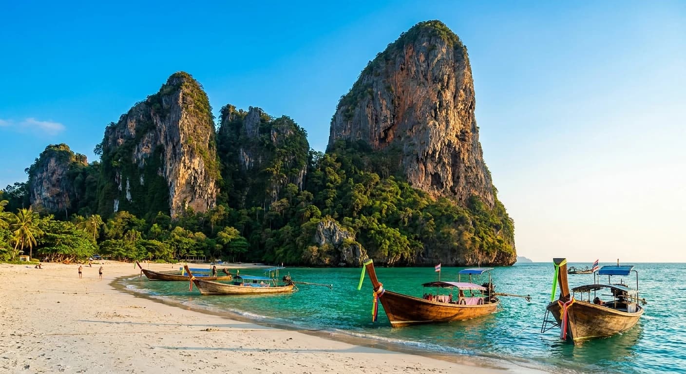 Dramatic limestone cliffs rising from turquoise waters at Railay Beach, Krabi