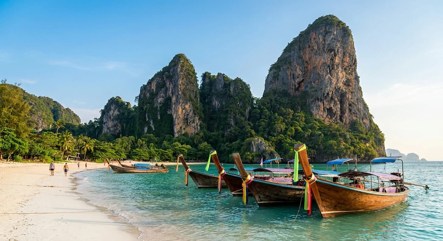 Longtail boats moored at a pristine Krabi beach with limestone backdrop
