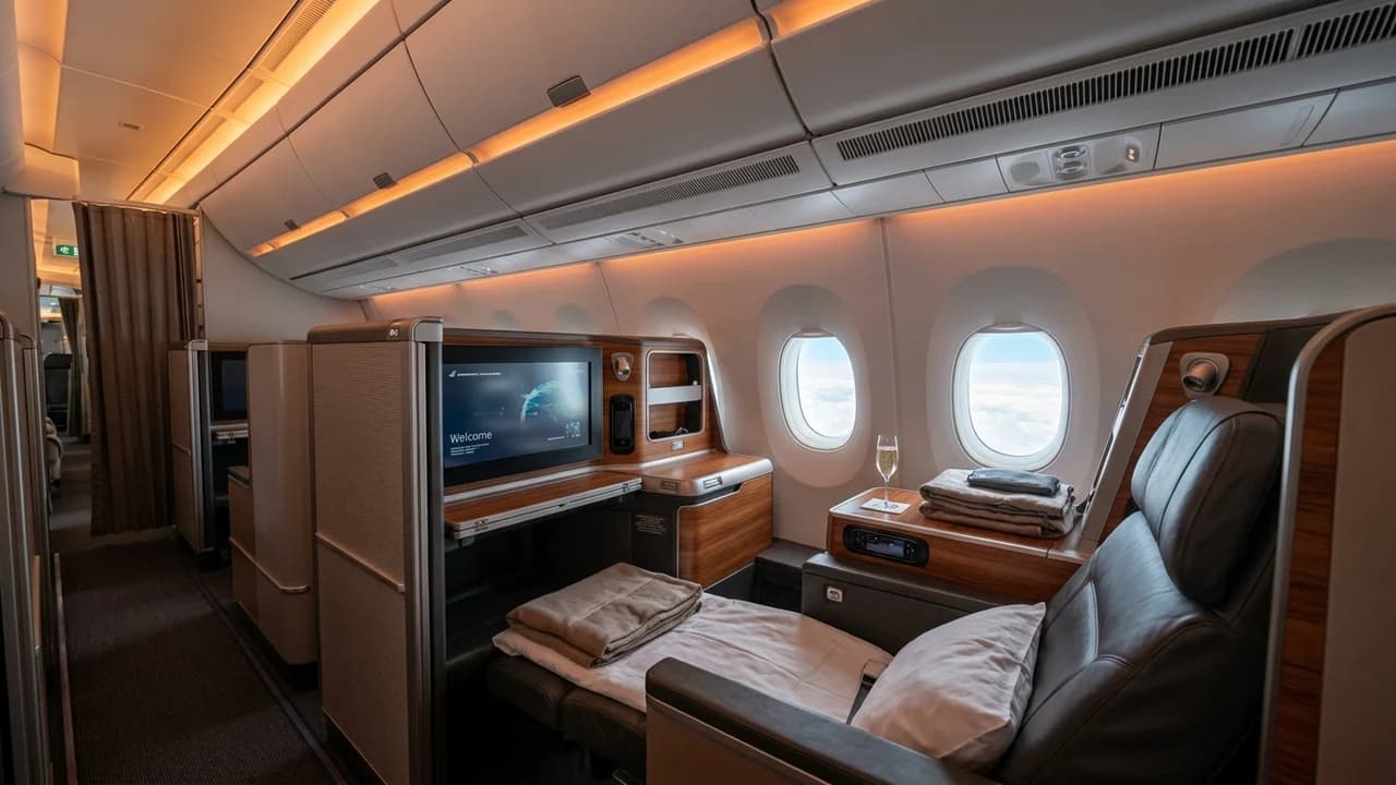 LOT Polish Airlines business class cabin with lie-flat suite and premium amenities