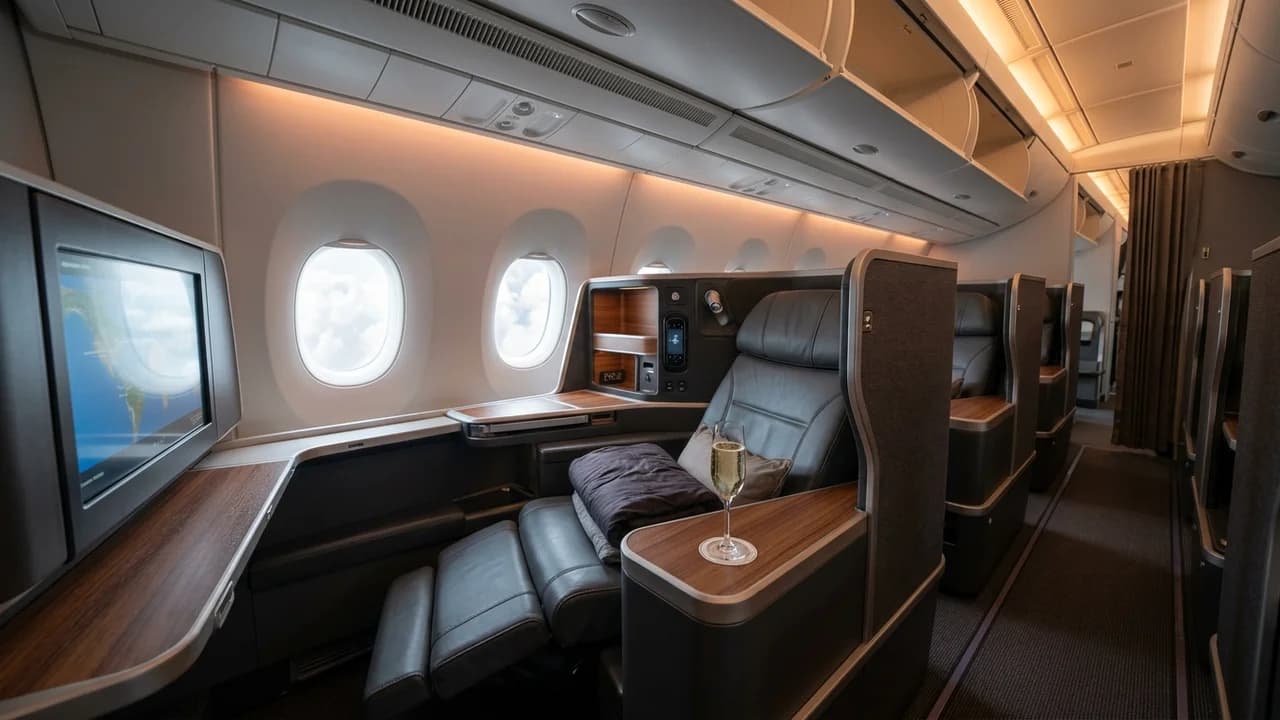 Malaysia Airlines business class cabin with lie-flat suite and premium amenities