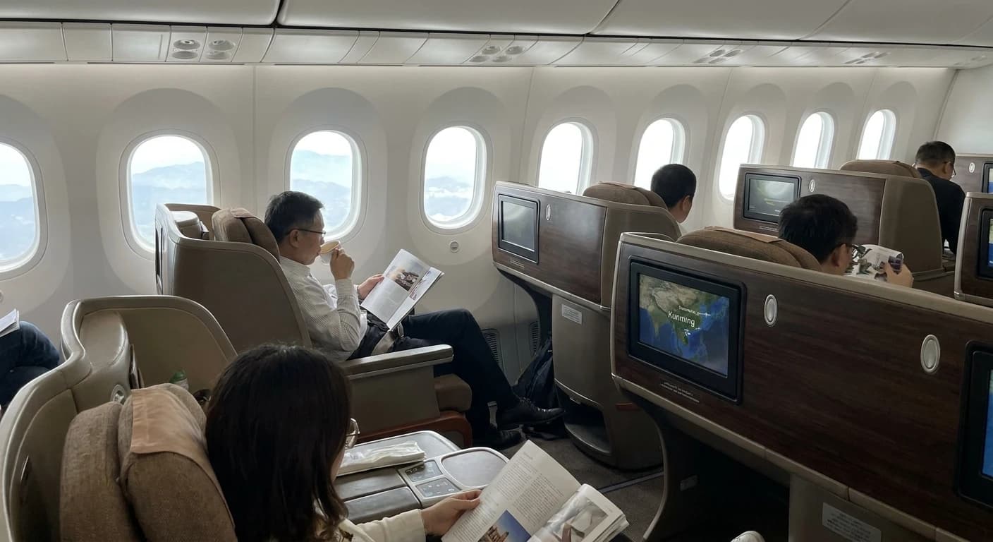 Business class cabin on a long-haul flight to Kunming