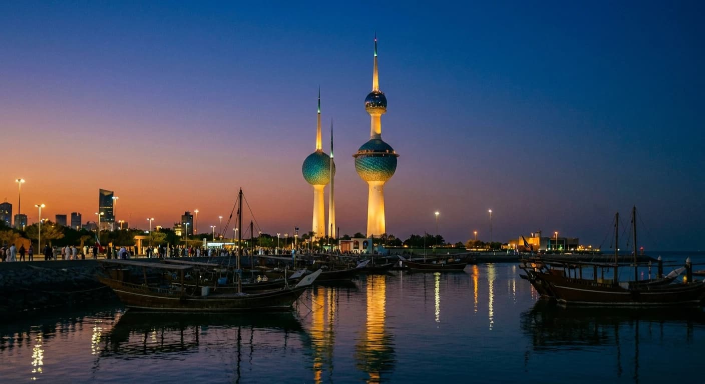 Kuwait Towers illuminated at dusk