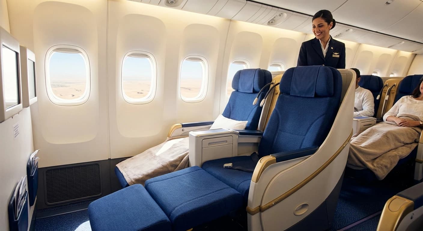 Kuwait Airways business class cabin with lie-flat seats