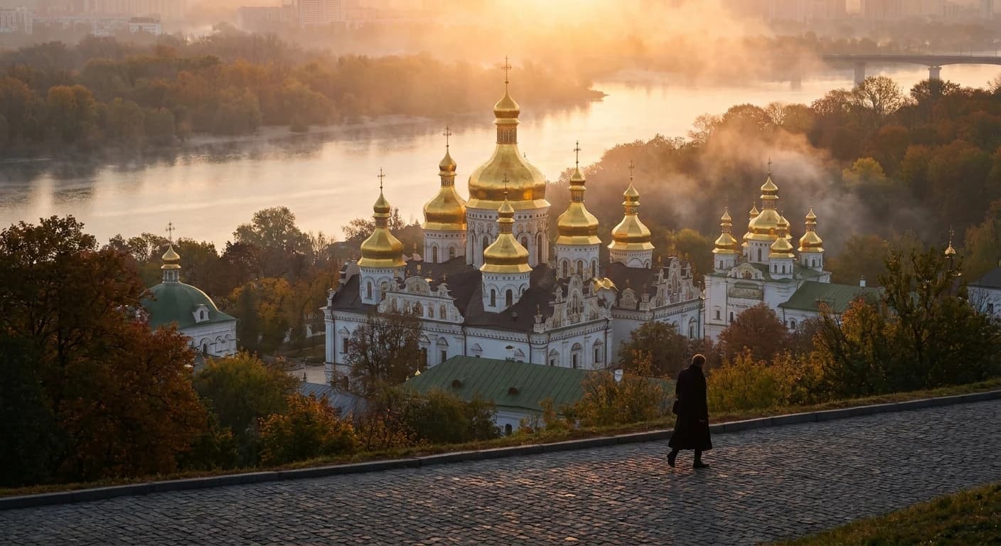 Golden domes of Kyivo-Pecherska Lavra monastery complex at sunrise