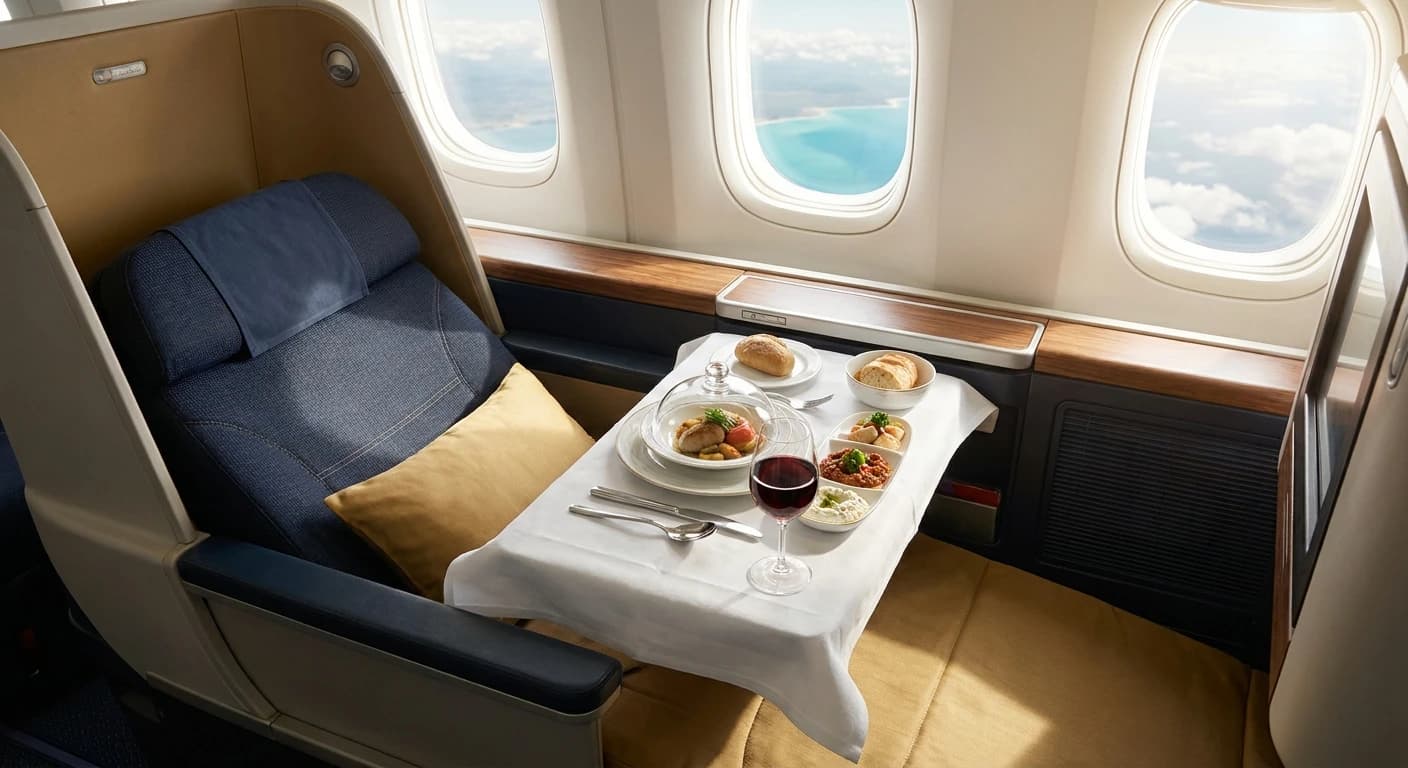 Turkish Airlines business class lie-flat seat with premium dining service