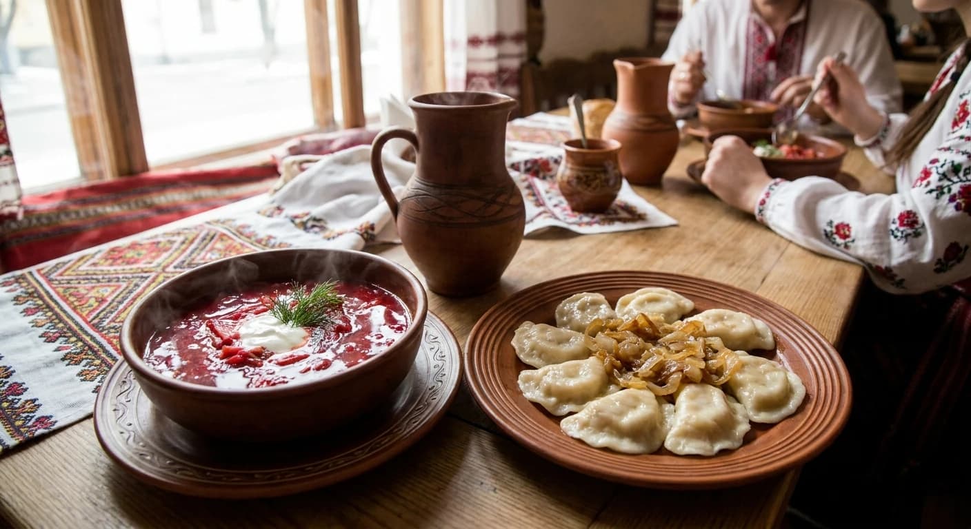 Traditional Ukrainian cuisine with borshch and varenyky in Kyiv restaurant