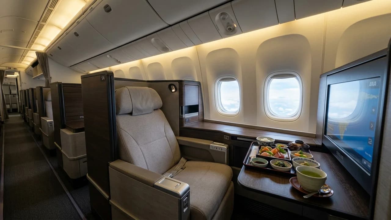 ANA business class cabin with lie-flat suite and premium amenities