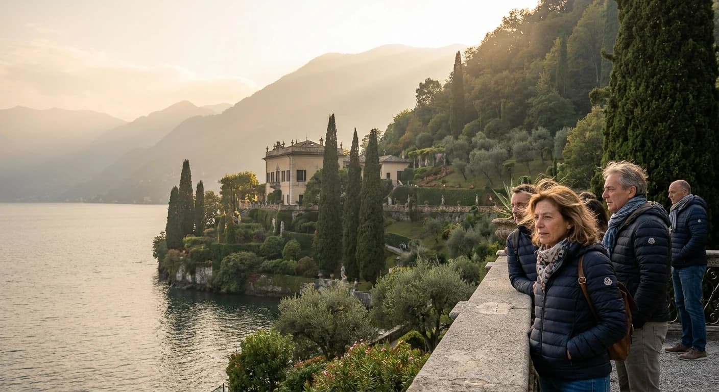 Villa del Balbianello on Lake Como with terraced gardens and Alpine backdrop at golden hour